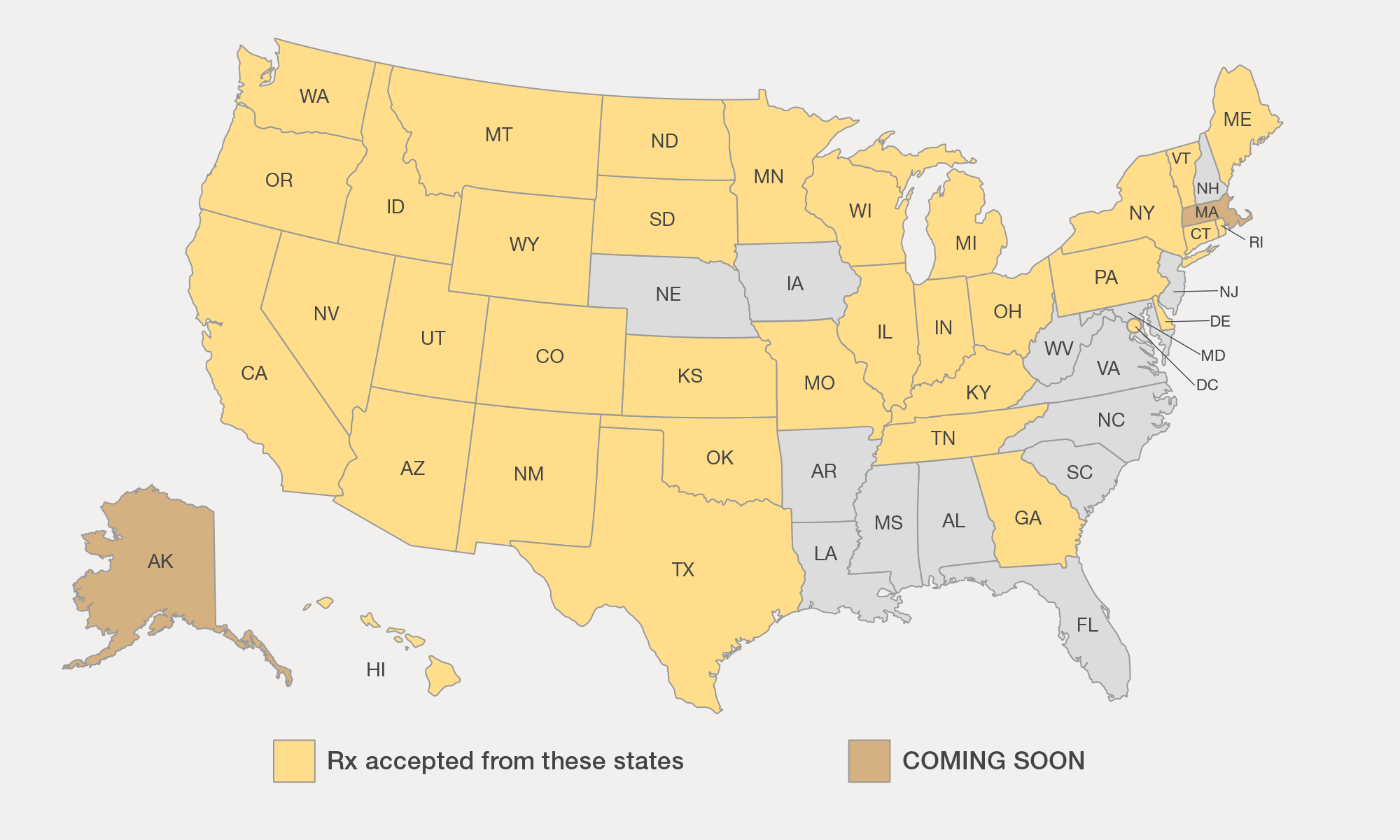 Map of states that accepting animal pharmacy RX orders.