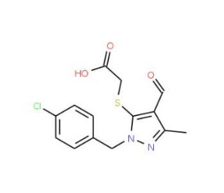 {[1-(4-chlorobenzyl)-4-formyl-3-methyl-1H-pyrazol-5-yl]thio}acetic acid - chemical structure image