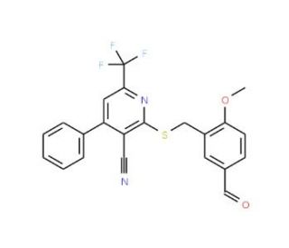 2-[(5-Formyl-2-methoxybenzyl)thio]-4-phenyl-6-(trifluoromethyl)nicotinonitrile - chemical structure image