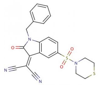 2-[(1-Benzyl-2-oxo-5-(thiomorpholinosulfonyl)indolin-3-ylidene]malononitrile - chemical structure image