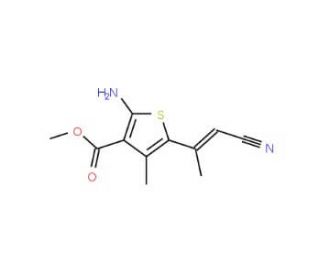 2-Amino-5-((Z)-2-cyano-1-methyl-vinyl)-4-methyl-thiophene-3-carboxylic acid methyl ester - chemical structure image