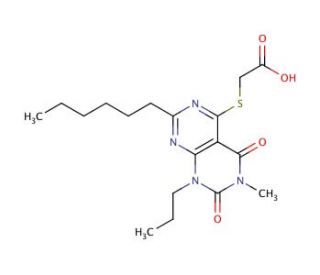[(2-hexyl-6-methyl-5,7-dioxo-8-propyl-5,6,7,8-tetrahydropyrimido[4,5-d]pyrimidin-4-yl)thio]acetic acid - chemical structure i