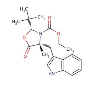 (2S,4S)-2-(tert-Butyl)-3-(ethoxycarbonyl)-4-(indol-3-yl-methyl]-4-methyl-1,3-oxazolidin-5-one - chemical structure image