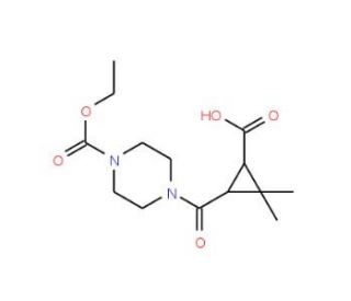 3-{[4-(Ethoxycarbonyl)piperazin-1-yl]carbonyl}-2,2-dimethylcyclopropanecarboxylic acid - chemical structure image