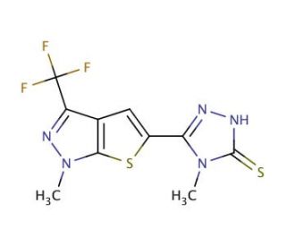 4-Methyl-5-[1-methyl-3-(trifluoromethyl)-1H-thieno[2,3-c]pyrazol-5-yl]-4H-1,2,4-triazole-3-thiol - chemical structure image
