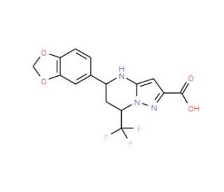 5-(1,3-benzodioxol-5-yl)-7-(trifluoromethyl)-4,5,6,7-tetrahydropyrazolo[1,5-a]pyrimidine-2-carboxylic acid - chemical structu