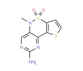 5-Methyl-5H-pyrimido[5,4-c]thieno[2,3-e][1,2]-thiazin-2-amine 6,6-dioxide - chemical structure image