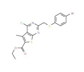 ethyl 2-{[(4-bromophenyl)thio]methyl}-4-chloro-5-methylthieno[2,3-d]pyrimidine-6-carboxylate - chemical structure image
