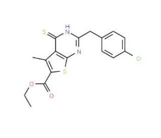 ethyl 2-(4-chlorobenzyl)-4-mercapto-5-methylthieno[2,3-d]pyrimidine-6-carboxylate - chemical structure image