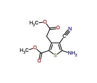 Methyl 5-amino-4-cyano-3-(2-methoxy-2-oxoethyl)thiophene-2-carboxylate (CAS 674773-12-7) - chemical structure image