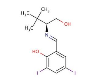 (S)-(&minus;)-2-[(1-Hydroxy-3,3-dimethylbutan-2-ylimino)methyl]-4,6-diiodophenol (CAS 477339-39-2) - chemical structure image