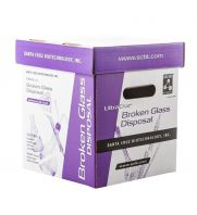 A close-up of the UltraCruz&reg; Glass Disposal Box, featuring a sturdy construction with clear labeling for safe handling and