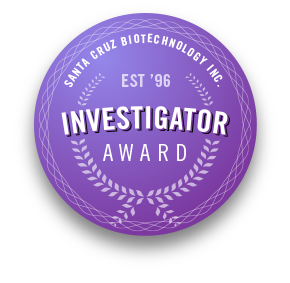 Santa Cruz Biotechnology purple scientific research investigator award badge.